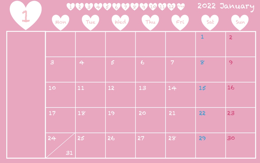 2022年1月始まりカレンダー(デジタルプランナー)pink