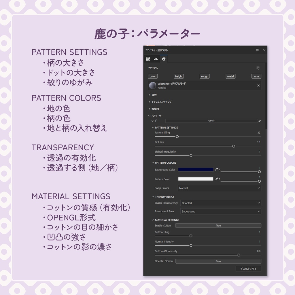 【VRChat衣装制作・改変/Substance Painter・Photoshop対応】色・柄・布の質感を変えられる 麻の葉&青海波&鹿の子&七宝|和柄SBSAR