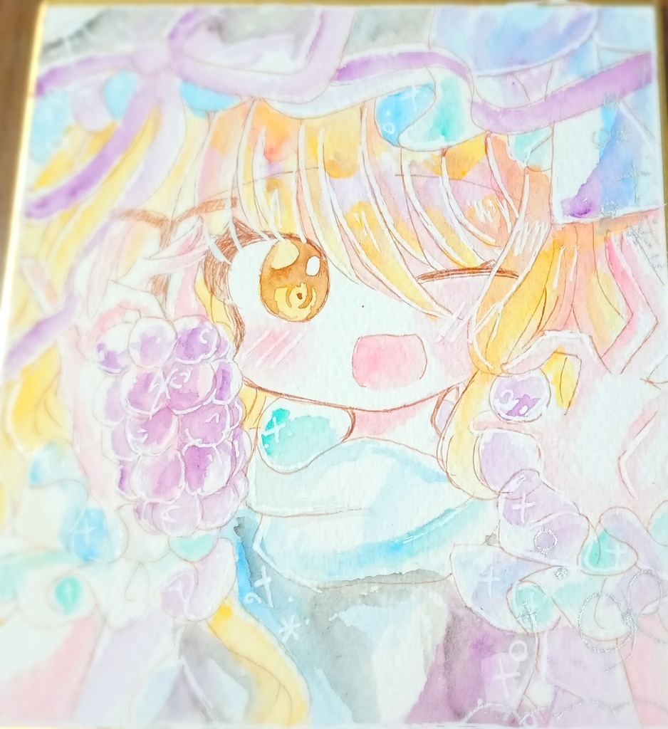 ぶどうと魔理沙 水彩イラスト