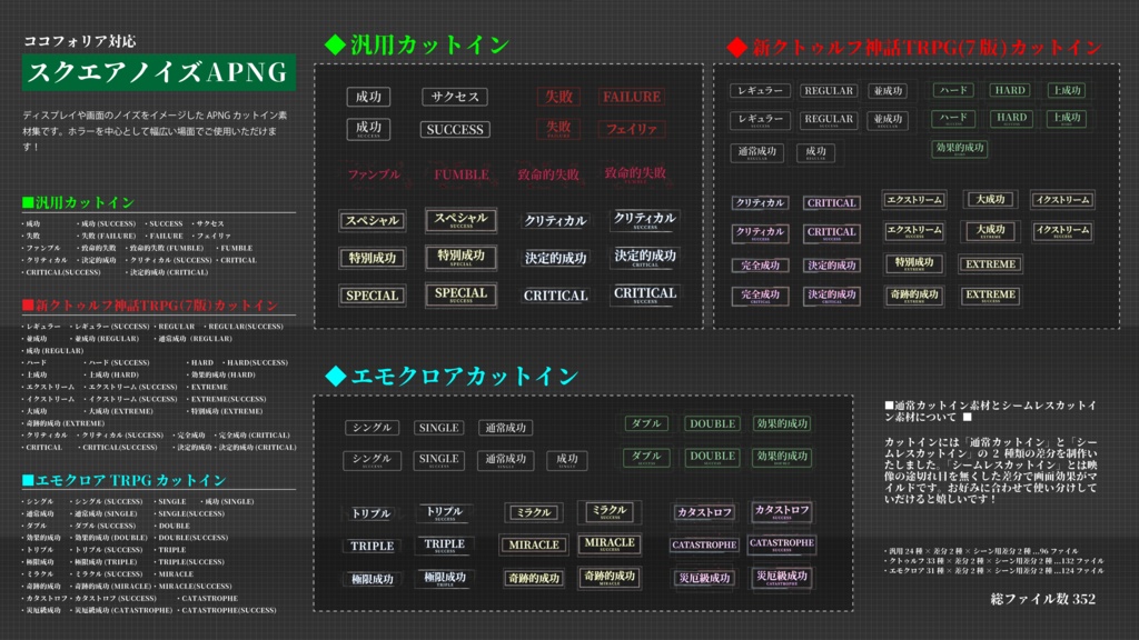 【ココフォリア】全88種類!動くAPGNカットイン素材!-エモクロア&クトゥルフ神話TRPG7版対応!「スクエアノイズAPNG」
