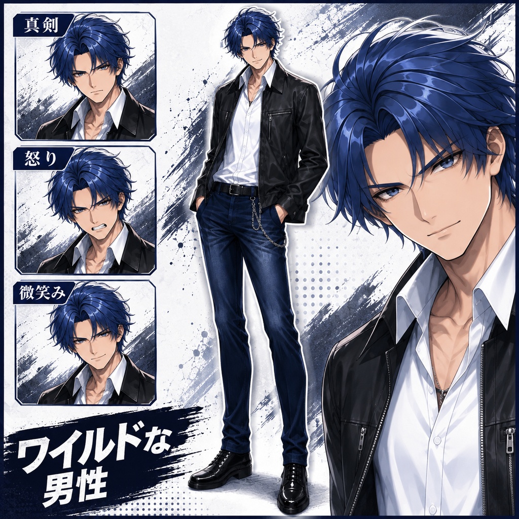 【立ち絵素材35】ワイルドな青髪男性