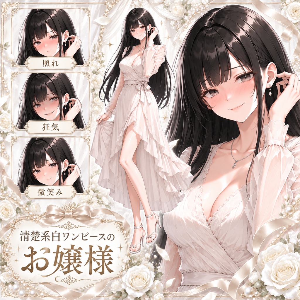 【立ち絵素材46】【無料有】清楚系白ワンピースのお嬢様