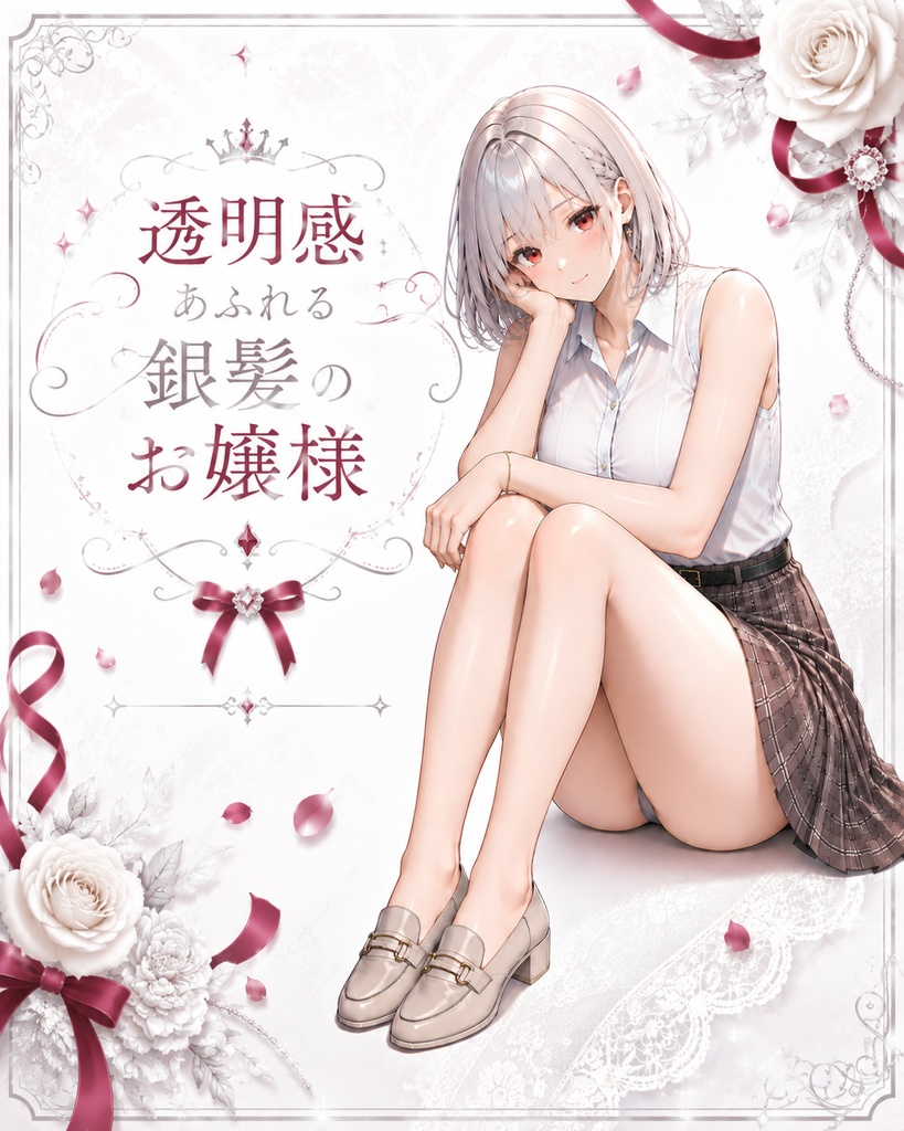 【立ち絵素材】【無料】透明感のある体育座りの銀髪のお嬢様