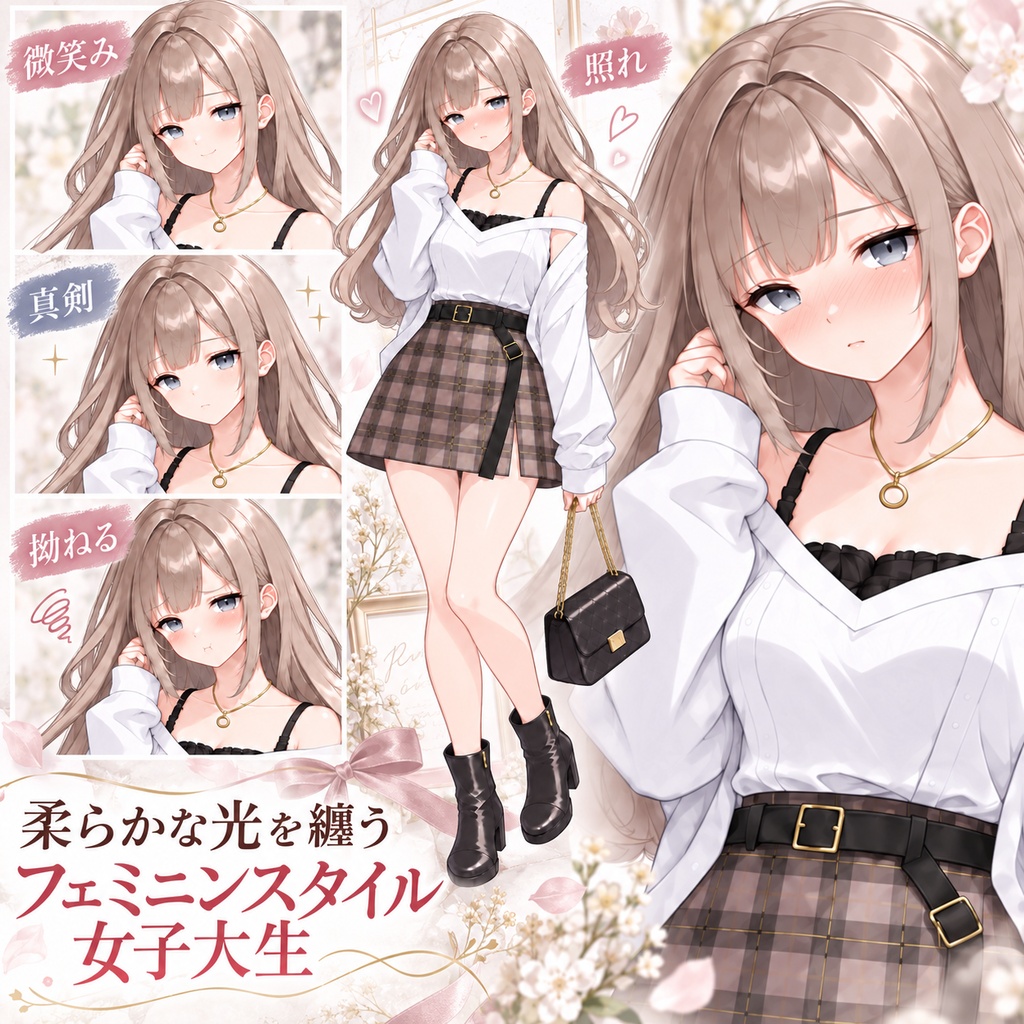 【立ち絵素材55】柔らかな光を纏うフェミニンスタイル女子大生