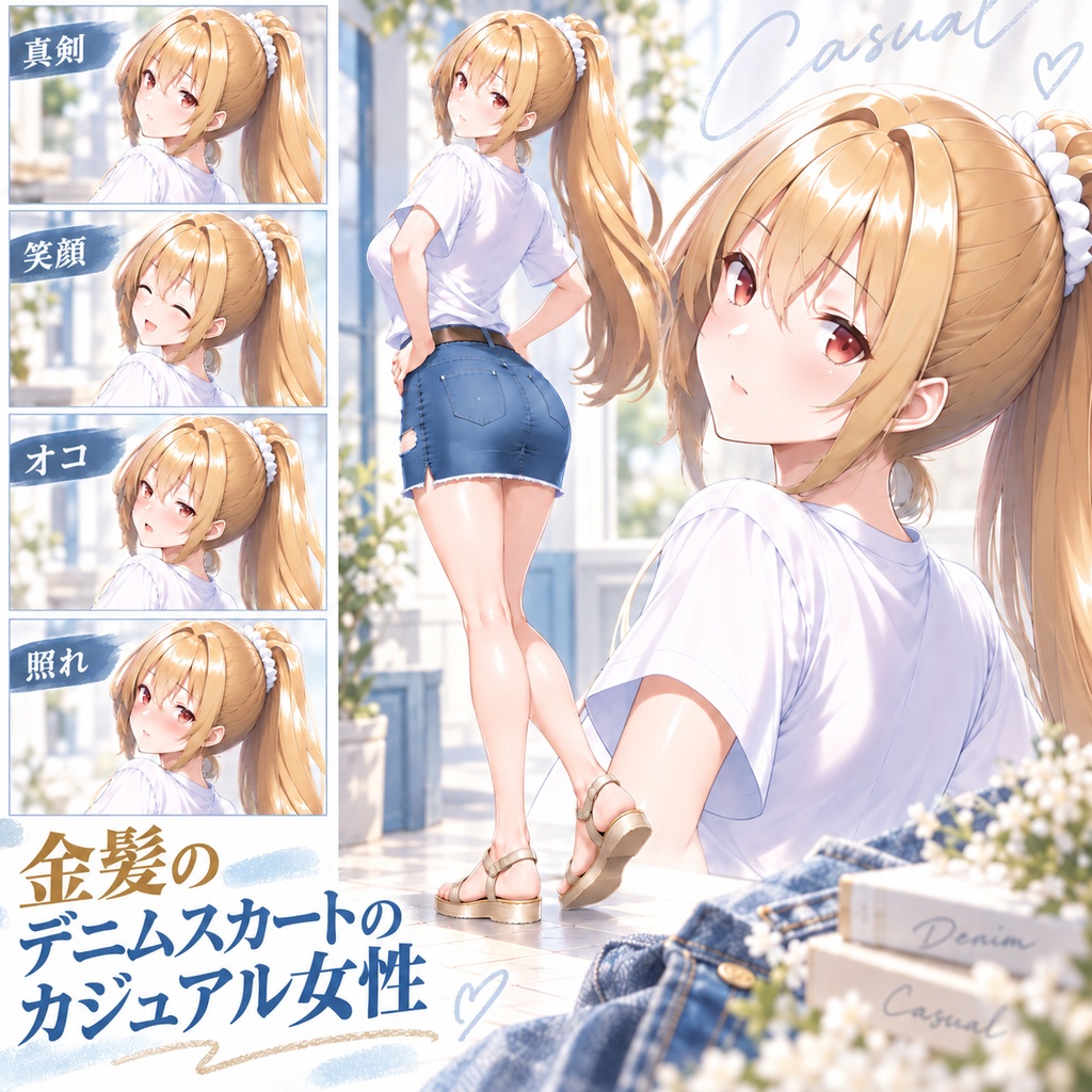 【立ち絵素材72】金髪のデニムスカートのカジュアル女性