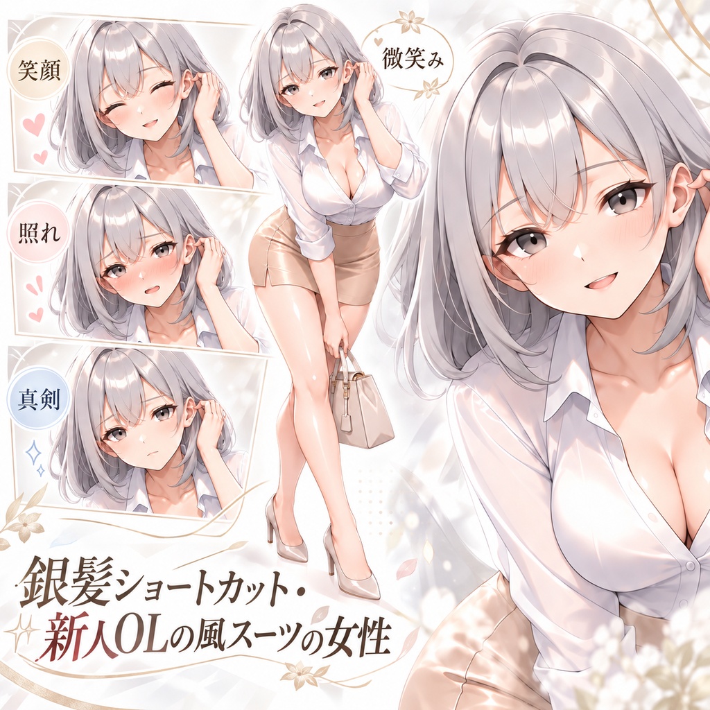 【立ち絵素材85】銀髪ショートカット・新人OLの風スーツの女性 