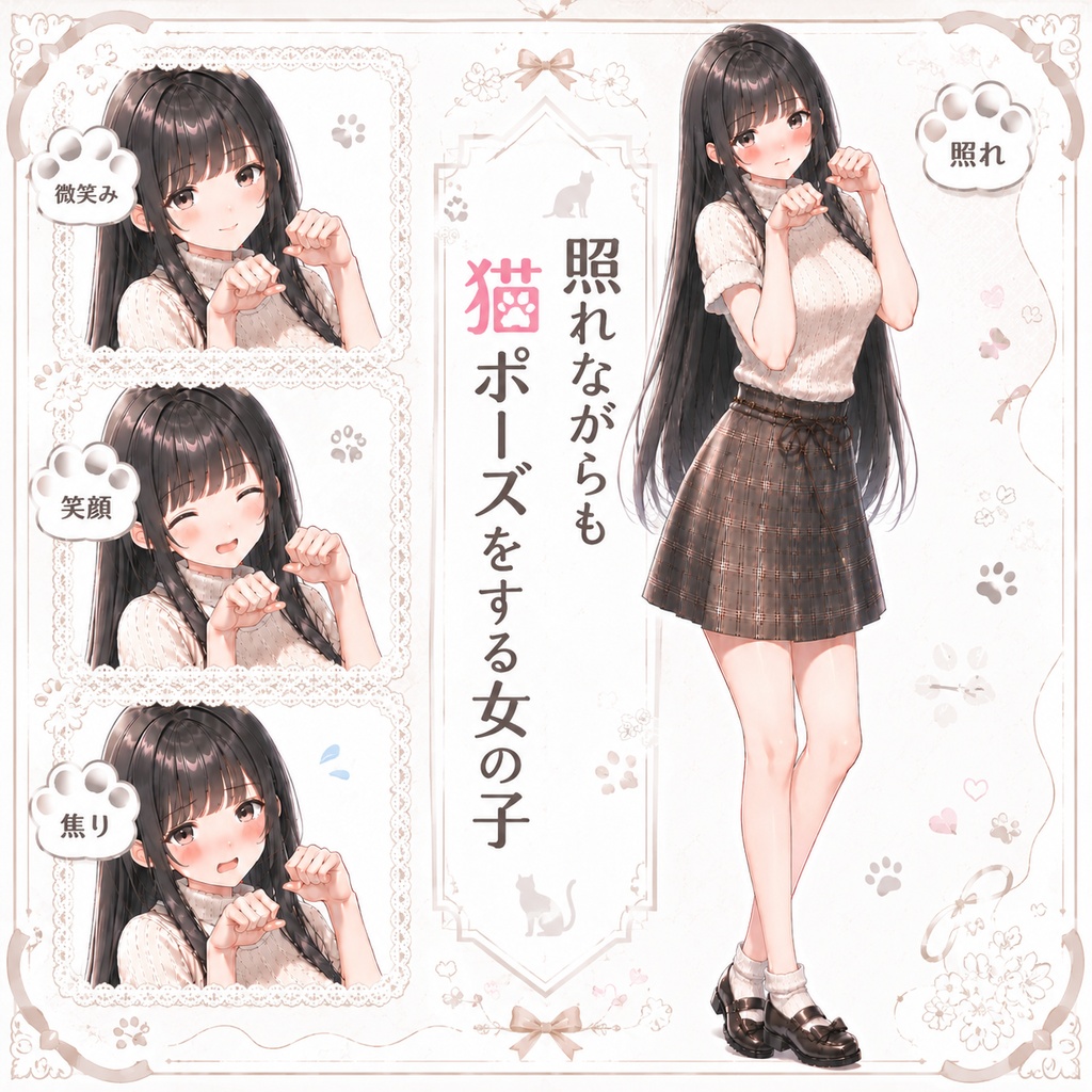 【立ち絵素材96】照れながらも猫ポーズをする黒髪清楚な女の子