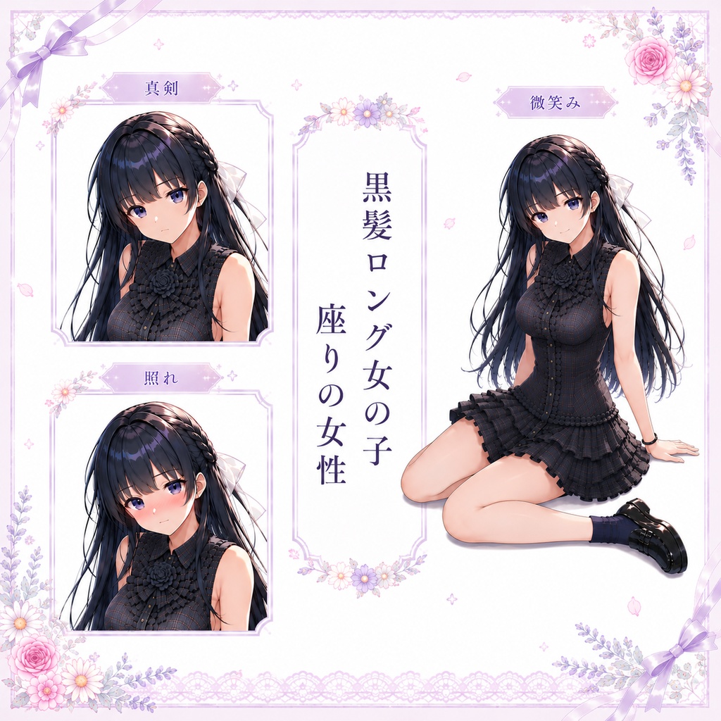 【立ち絵素材115】黒髪ロング女の子座りの女性