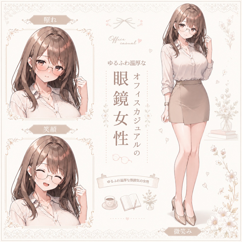 【立ち絵素材132】ゆるふわ温厚なオフィスカジュアルの眼鏡女性