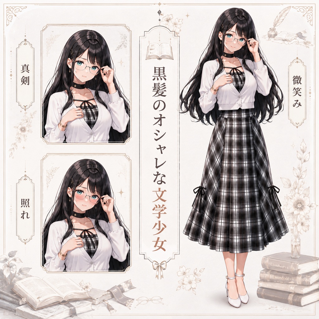 【立ち絵素材165】黒髪眼鏡のオシャレな文学少女・女性