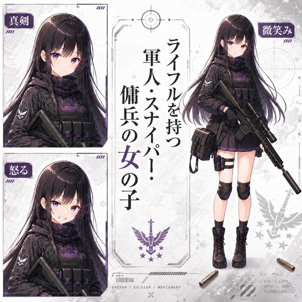 【立ち絵素材170】ライフルを持つ軍人・スナイパー・傭兵の女の子