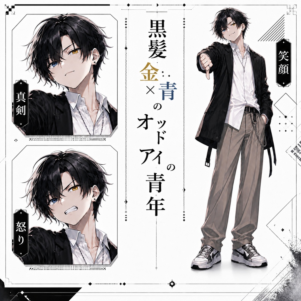 【立ち絵素材187】黒髪金×青のオッドアイの青年