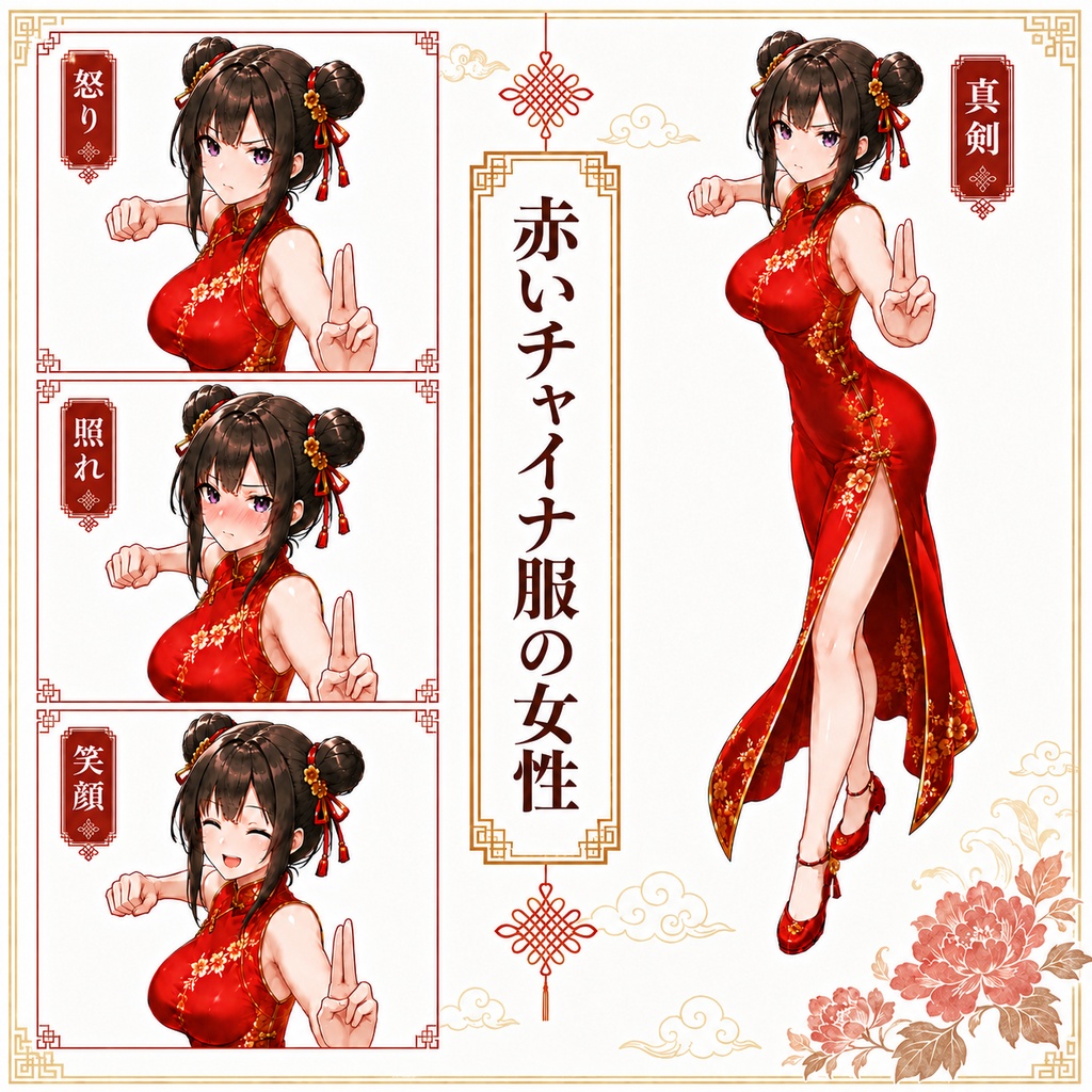 【立ち絵素材196】赤いチャイナ服の女性【カンフー・拳法・格闘家】