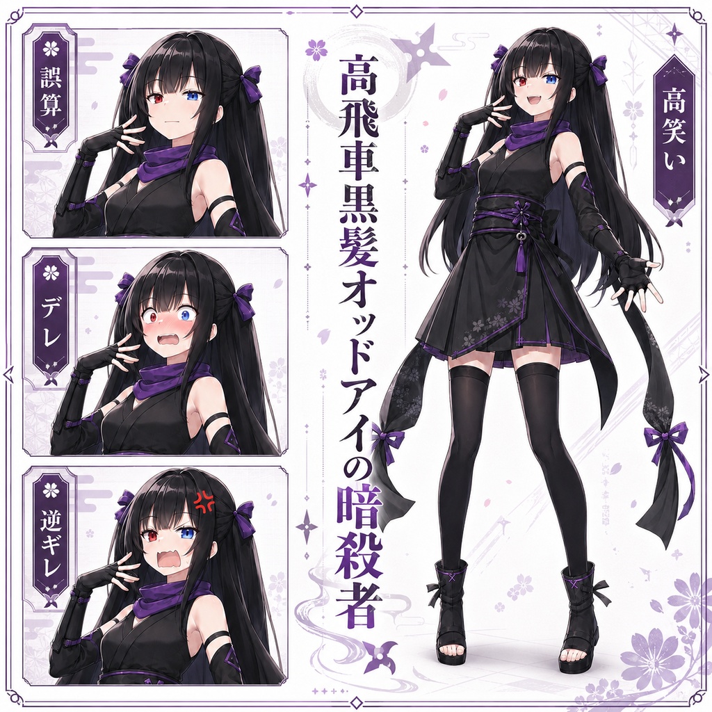 【立ち絵素材200】高飛車黒髪オッドアイの暗殺者・戦闘員