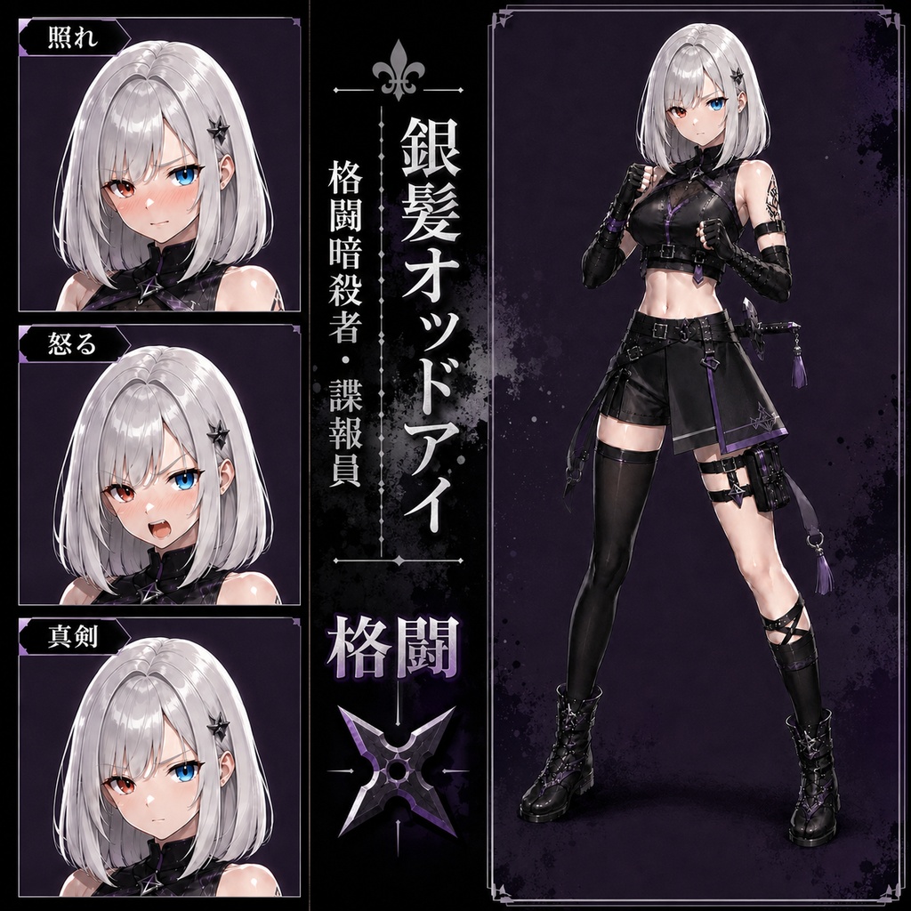 【立ち絵素材203】銀髪オッドアイの格闘系暗殺者風の女性