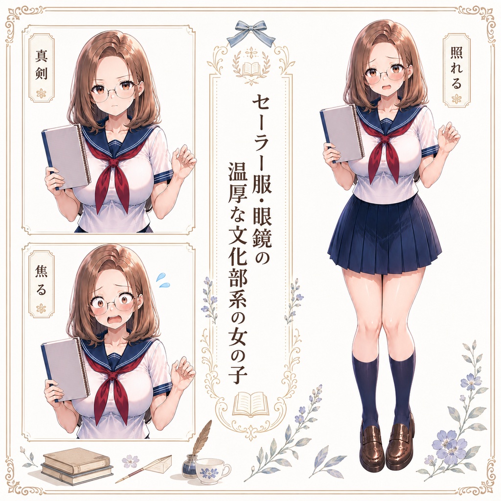 【立ち絵素材215】セーラー服・眼鏡の温厚な文化部系の女の子