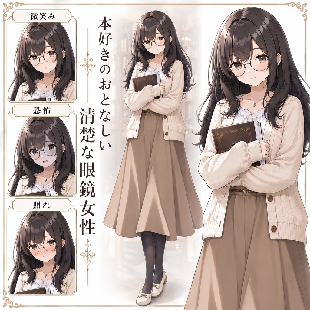 【立ち絵素材257】本好きのおとなしい清楚な眼鏡女性