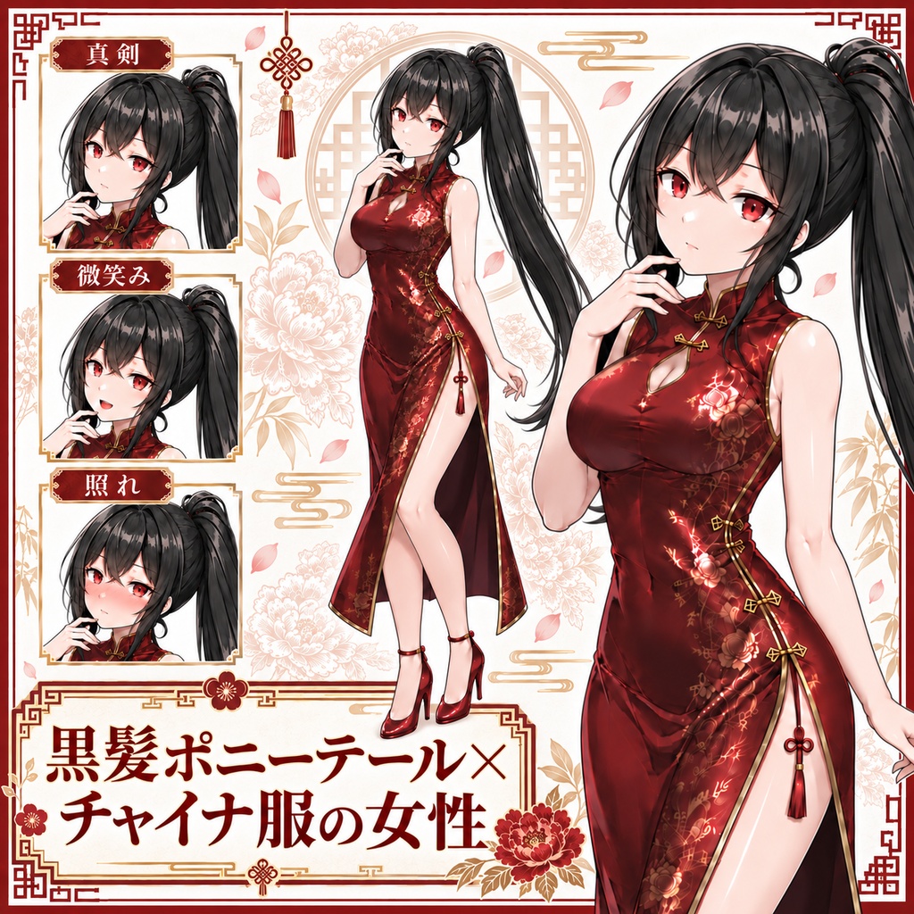 【立ち絵素材259】黒髪ポニーテール×チャイナ服の女性