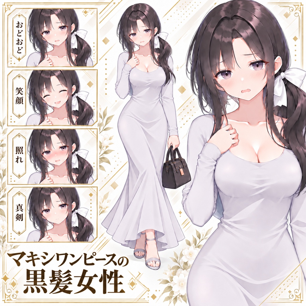 【立ち絵素材331】マキシワンピースの黒髪女性