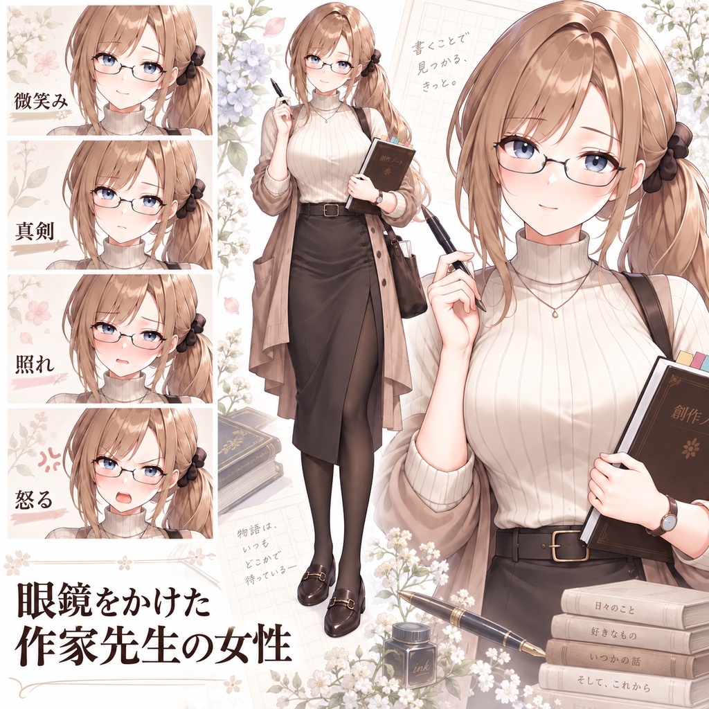 【立ち絵素材364】眼鏡をかけた作家先生の女性