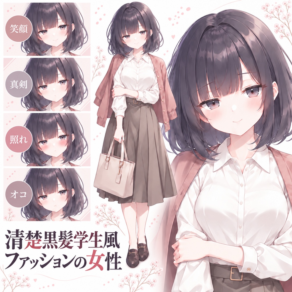 【立ち絵素材384】清楚黒髪学生風ファッションの女性