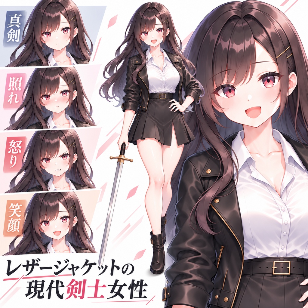 【立ち絵素材405】レザージャケットの現代剣士女性