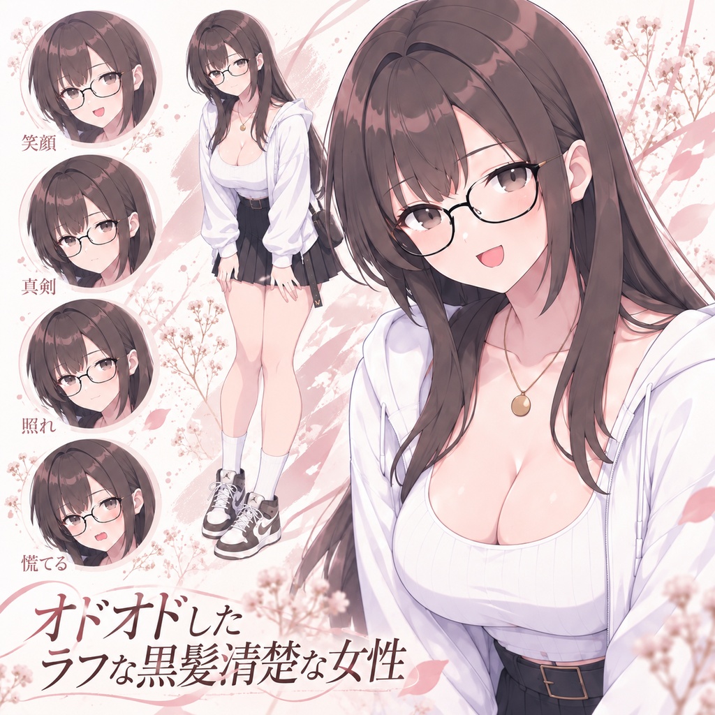 【立ち絵素材422】オドオドしたラフな黒髪清楚な女性