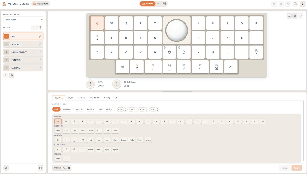 meteorite40 ロープロファイル トラックボール/無線対応 40%キーボード