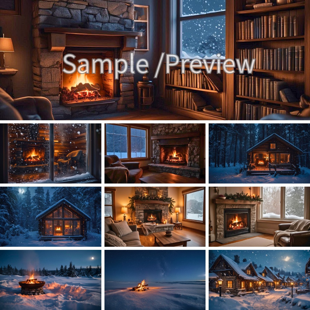 暖炉・焚き火のある静かな冬背景 背景画像 10枚セット Cozy Winter Fireplace Backgrounds – 10 Images