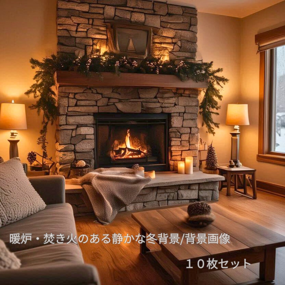 暖炉・焚き火のある静かな冬背景 背景画像 10枚セット Cozy Winter Fireplace Backgrounds – 10 Images