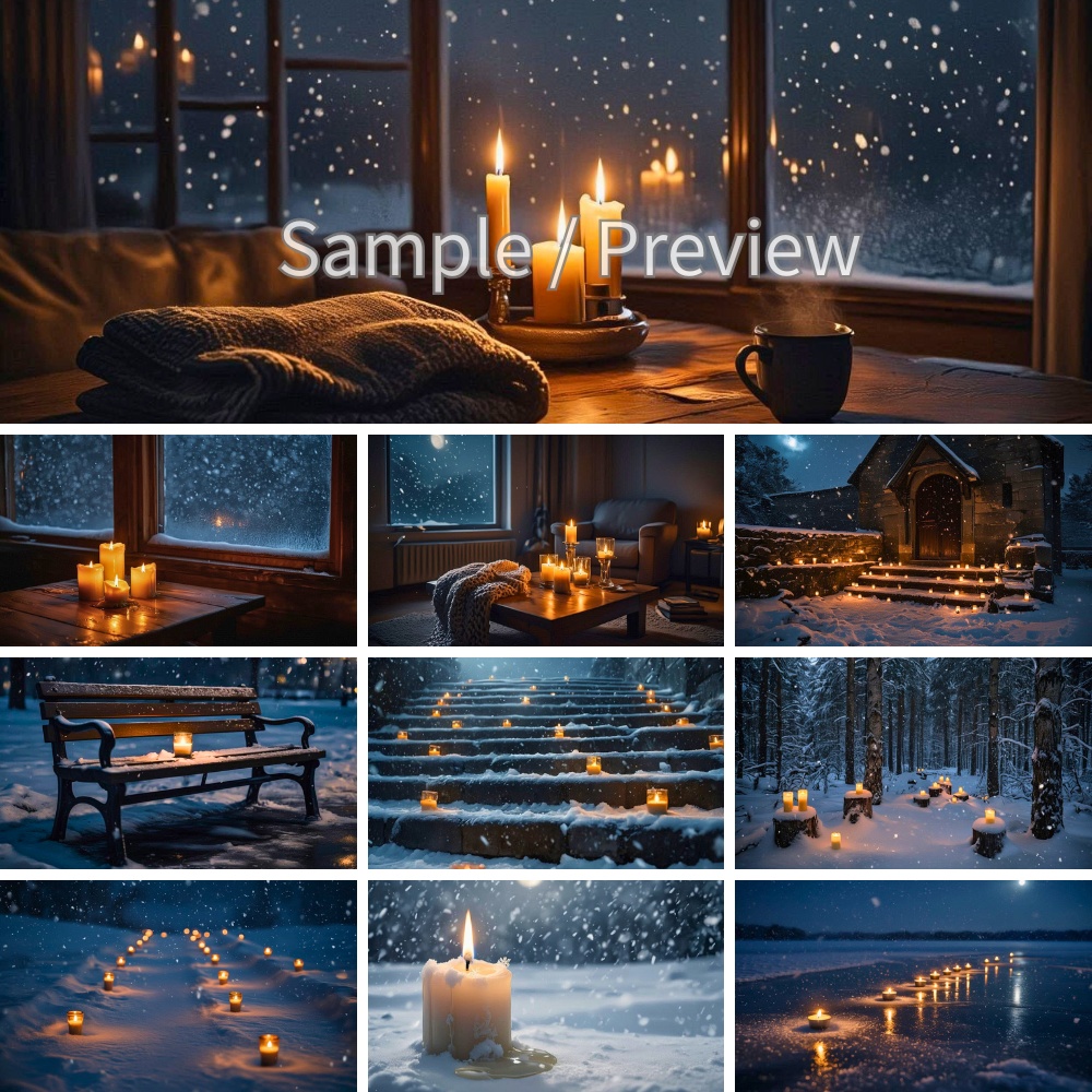 雪の夜とキャンドルの静かな風景 背景画像10枚セット フルHD Snowy Night Candlelight Backgrounds|Calm Winter Scene (10 Images)