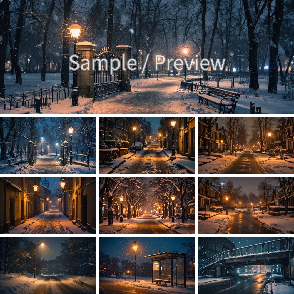 雪降る夜の街灯風景 背景素材10枚セット|静かで幻想的な冬の夜(フルHD)Snowy Night Street lights (Full HD)