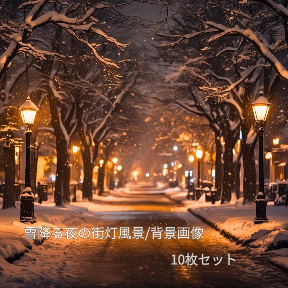 雪降る夜の街灯風景 背景素材10枚セット｜静かで幻想的な冬の夜（フルHD）Snowy Night Street lights (Full HD)