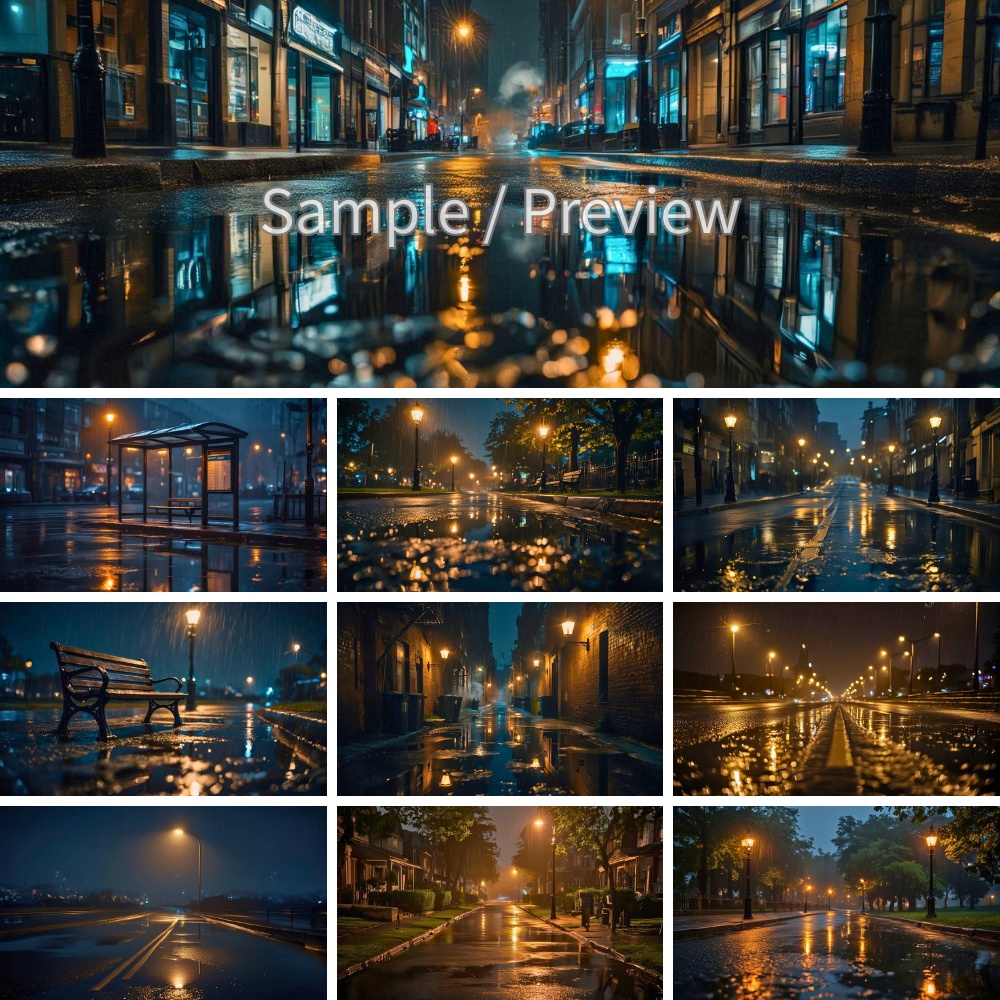 雨降る夜の街灯風景 背景画像10枚セット|静かでシネマティックな夜(フルHD)Rainy Night Street Lights | Calm&Cinematic backgrounds 10Images (Full HD)