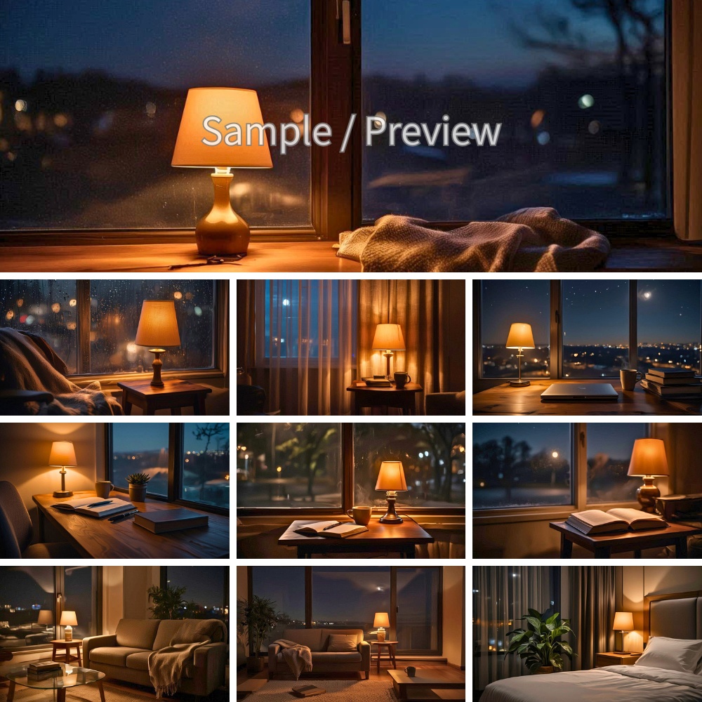 夜の窓辺とランプの静かな室内風景 背景画像10枚セット(フルHD)Cozy Night Window & Lamp|Warm Indoor Backgrounds 10 Images (Full HD)