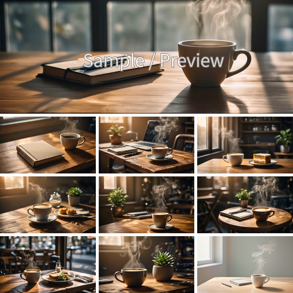 昼のデスクとコーヒーの湯気 背景画像10枚セット (フルHD)Daytime Desk & Coffee Steam|Study Backgrounds 10 Images (Full HD)