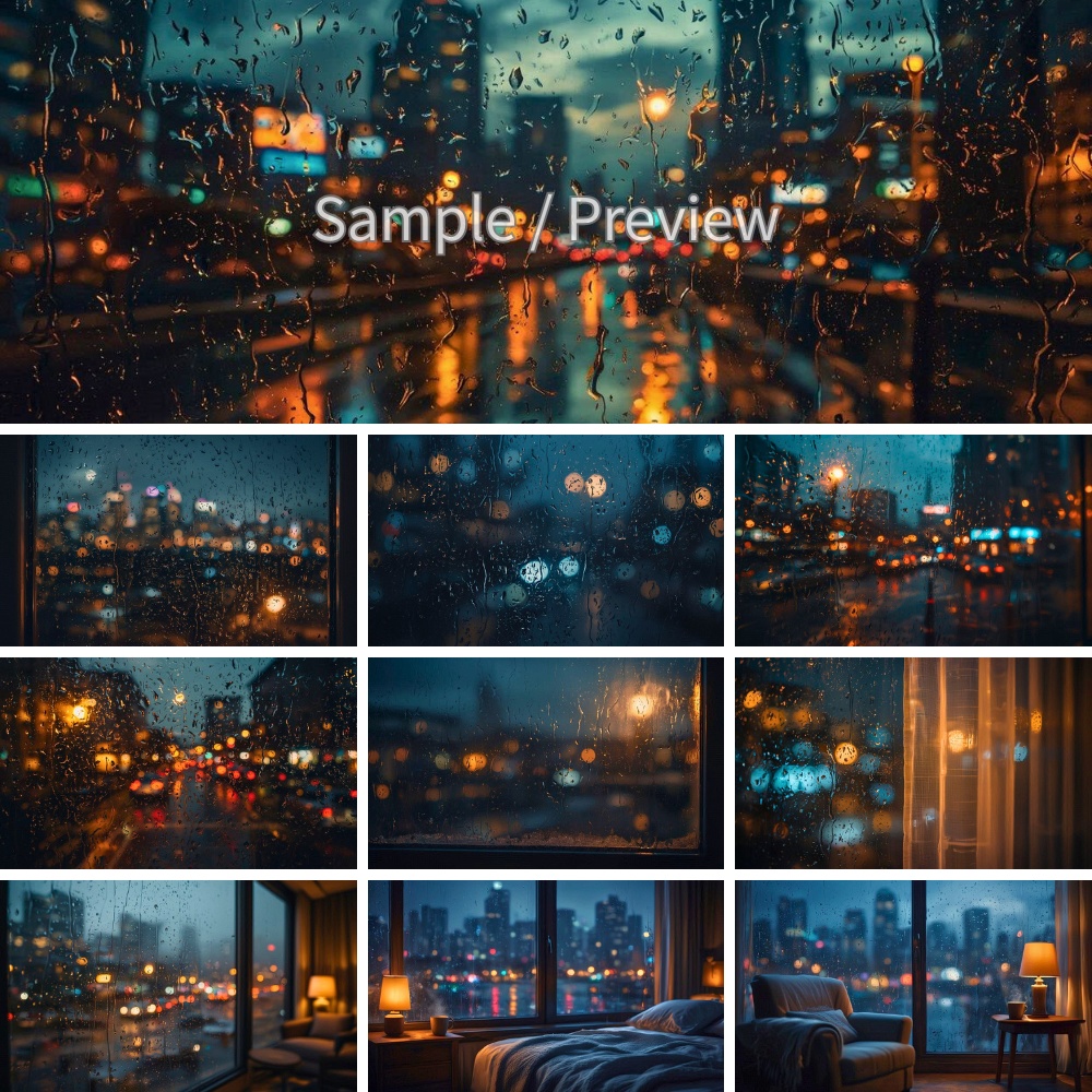雨の夜、窓越しの静かな風景 背景画像10枚セット(フルHD)Rainy Night Window Views|Calm & Cozy Backgrounds 10 Images (Full HD)