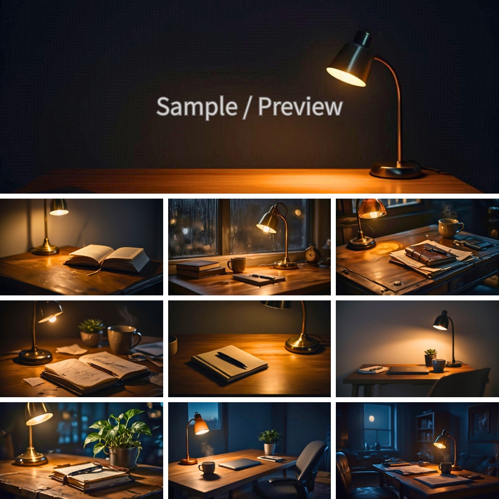 夜のデスクランプと静かな作業空間 背景画像10枚セット(フルHD)Cozy Night Desk Lamp Backgrounds|Quiet Work & Relaxing Interior Scenes (10 Images, Full HD)