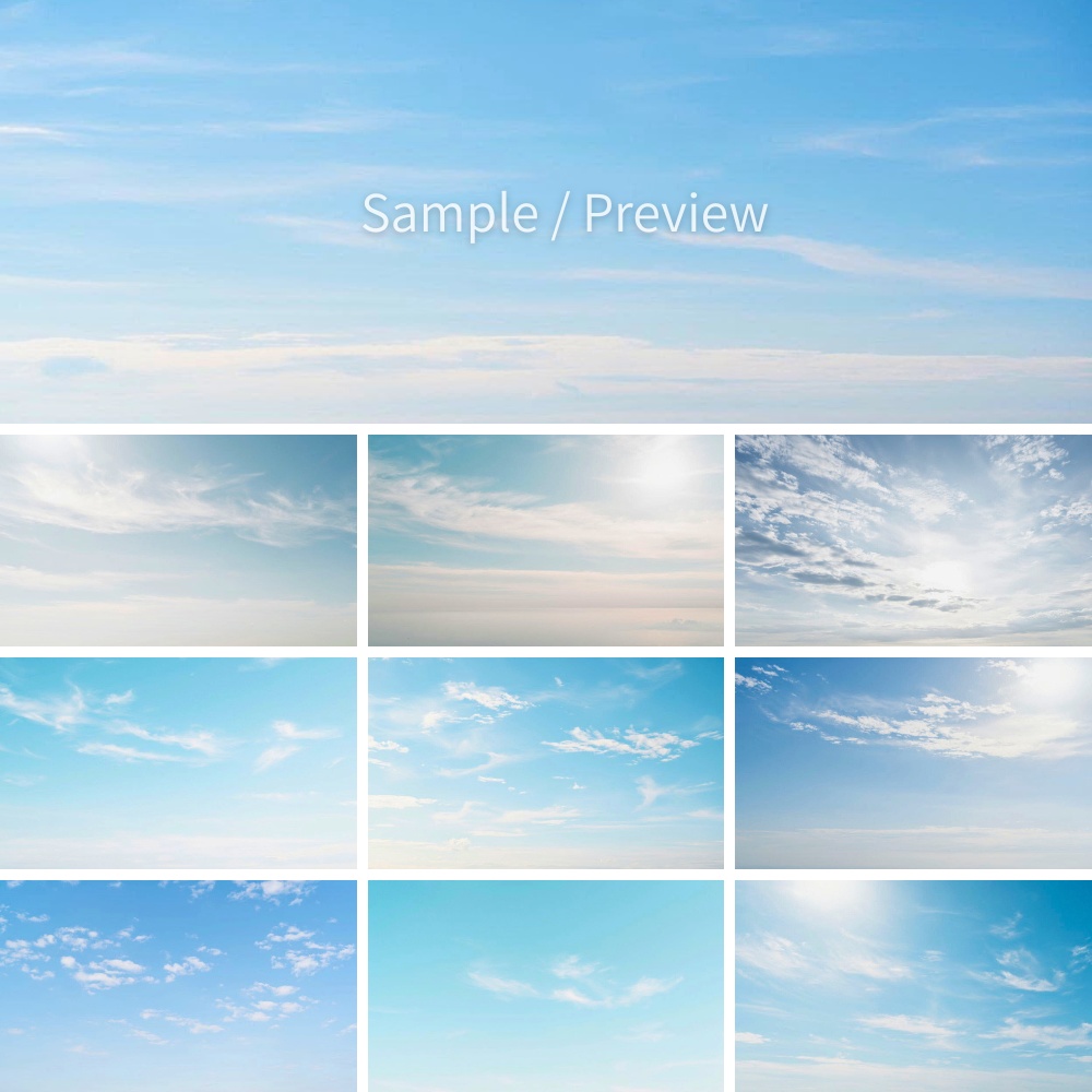 昼の薄雲グラデーション余白 背景画像10枚セット|空・汎用・合成向け(フルHD)Soft Daytime Cloud Gradient Background Pack (10Images) | Clean Sky,Full HD