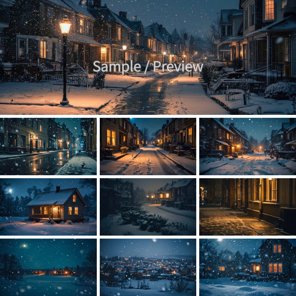 雪降る夜と窓の灯り 背景画像10枚セット|冬・静かな街並み・フルHD | Snowy Night Window Light Background Pack (10Images) | Winter Scene, Full HD