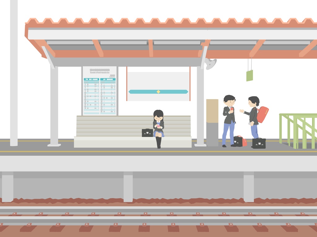 【環境音/Environmental sounds】JR岡山駅からJR松山駅に到着したアナウンスが流れる駅構内と車両周辺