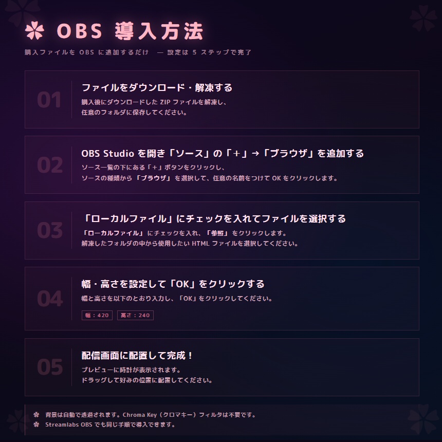 【OBS配信素材】桜エフェクト搭載 時計オーバーレイ "SAKURA CLOCK Arc" 【全14色セット / 単色単品】