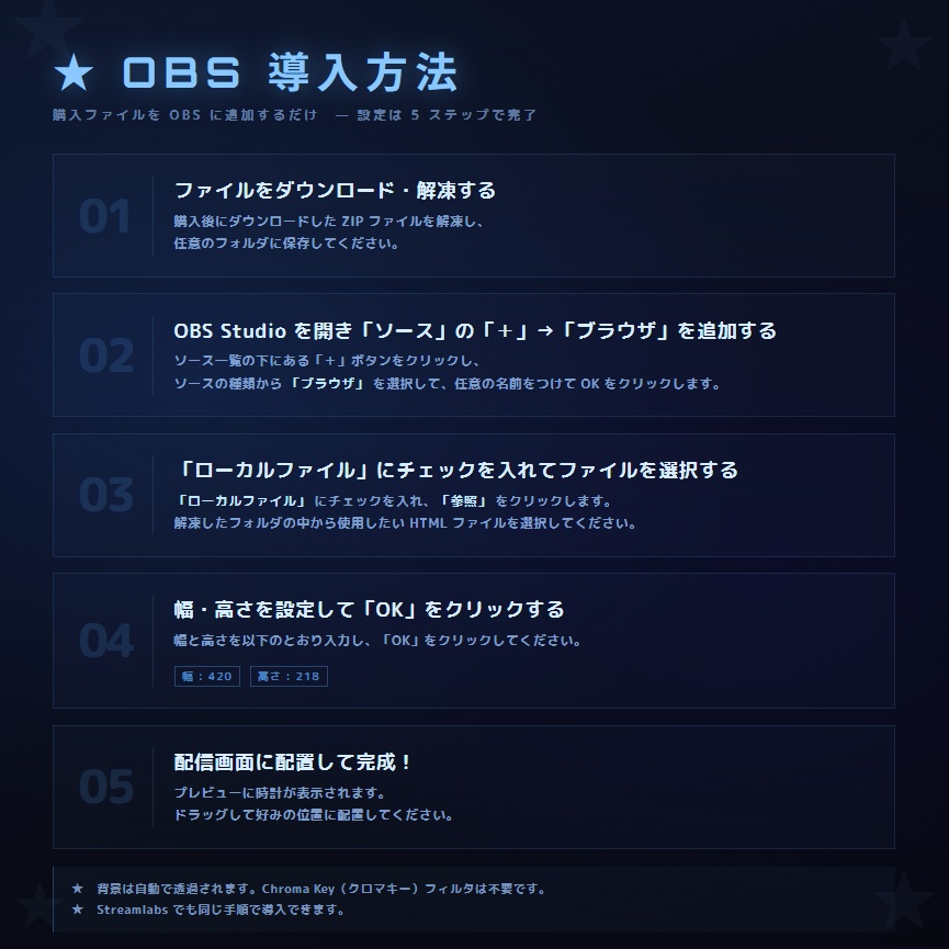 【OBS配信素材】星空エフェクト搭載 時計オーバーレイ "STARS CLOCK Standard"【全7色セット / 単色単品】