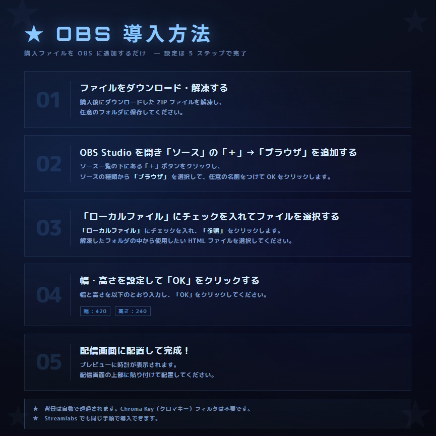 【OBS配信素材】星空エフェクト搭載 時計オーバーレイ "STARS CLOCK Arc"【全7色セット / 単色単品】