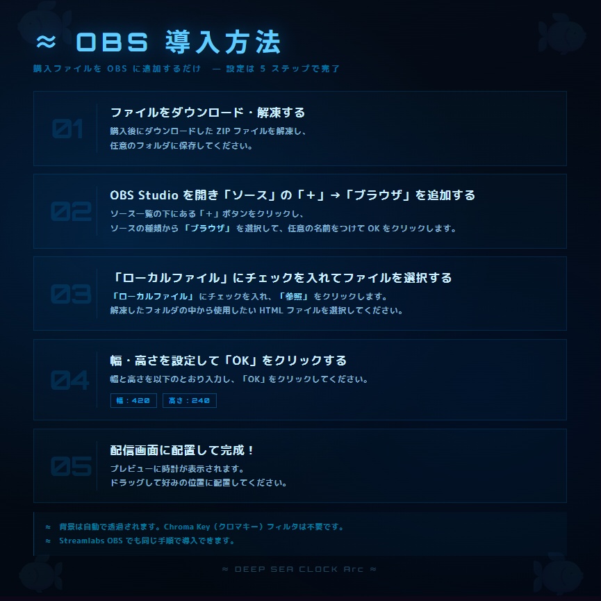 【OBS配信素材】深海エフェクト搭載 時計オーバーレイ "DEEP SEA CLOCK Arc"【全7色セット / 単色単品】