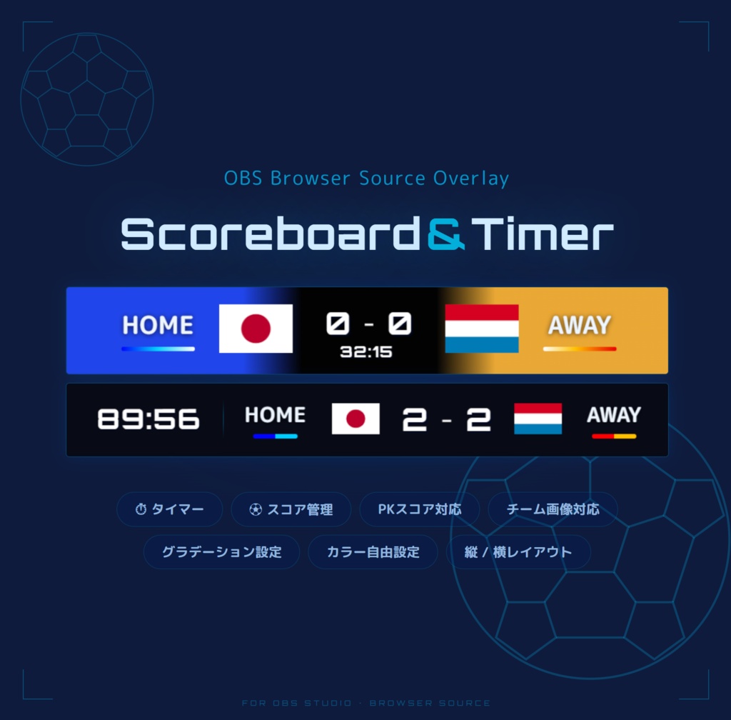 【OBS配信素材】サッカー同時視聴用スコアボード & タイマー Ver.1.1【画像表示も対応】