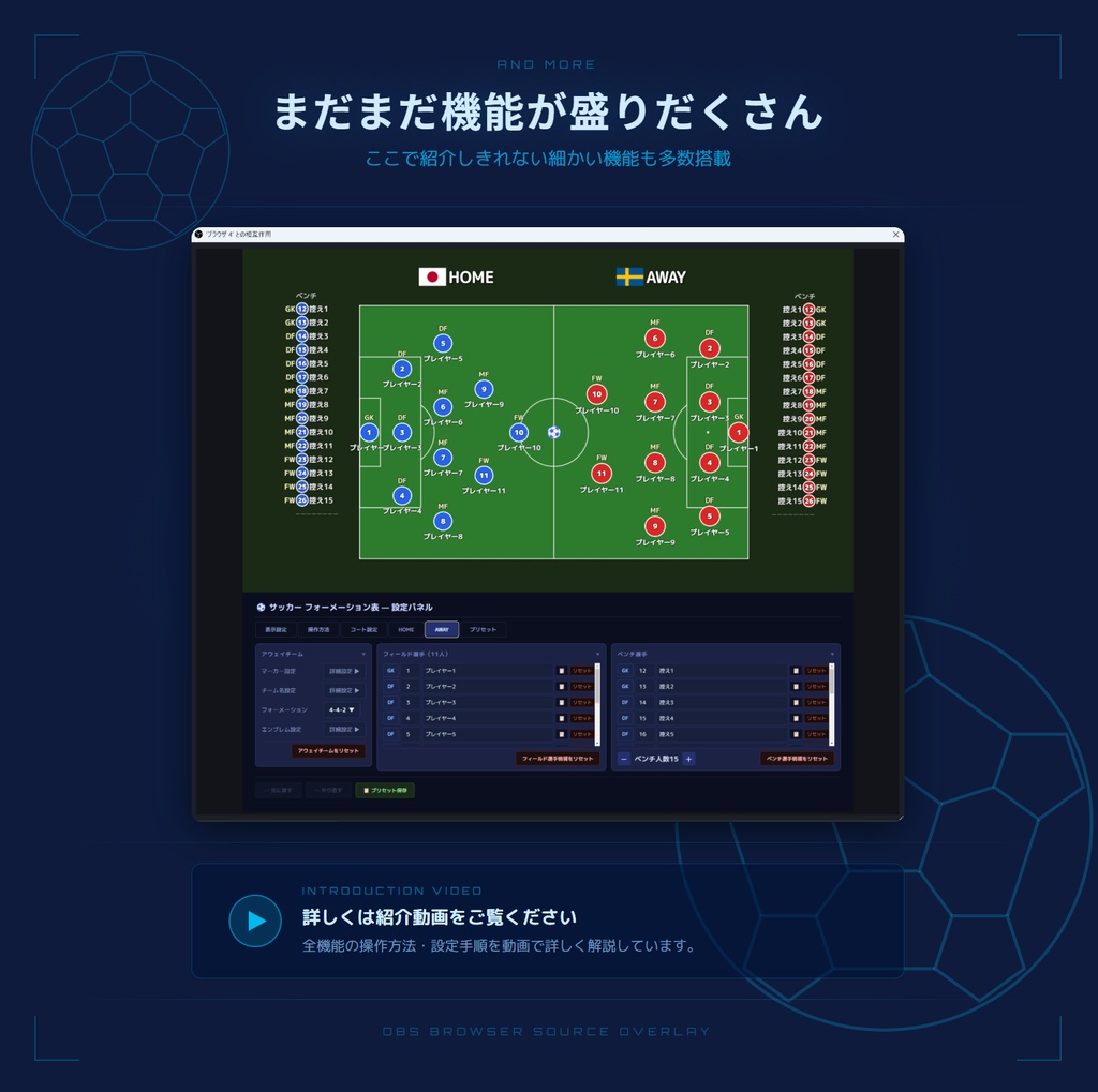 【OBS配信素材】サッカー同時視聴用フォーメーション&メンバー表