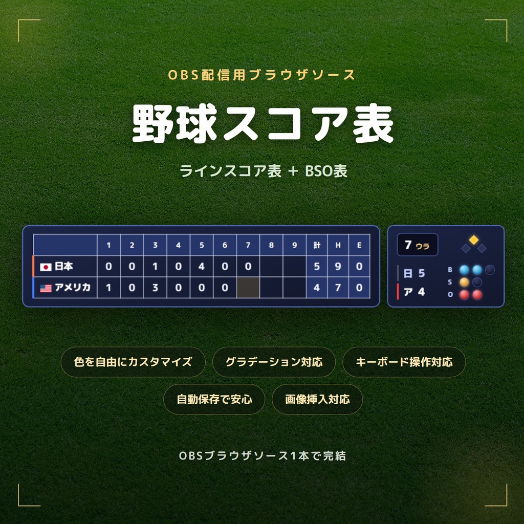 【OBS配信素材】野球同時視聴用スコア表（ラインスコア＋BSO表）