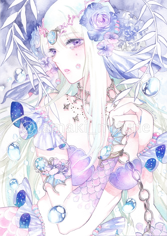 額装原画　人魚の涙「薔薇と紫陽花」