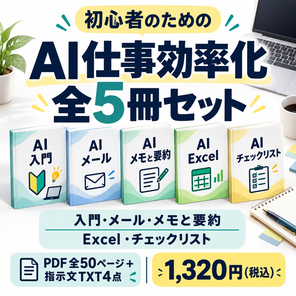 AI仕事効率化の初心者向けPDF教材・全5冊セット|メール・要約・Excel・チェックリスト